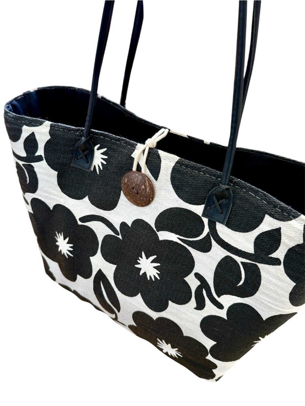 Sun & Sand Black & Cream Floral Beach Pool Vacation Shopping Tote Bag 15”x14”x6” - Picture 2 of 9